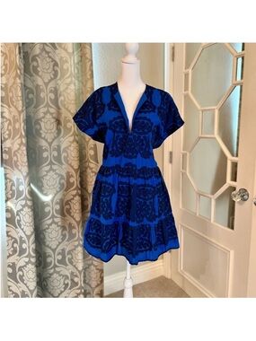 Zara Cobalt Blue/Black Boho Aztec Pattern Floral Mini Dress - Size L
